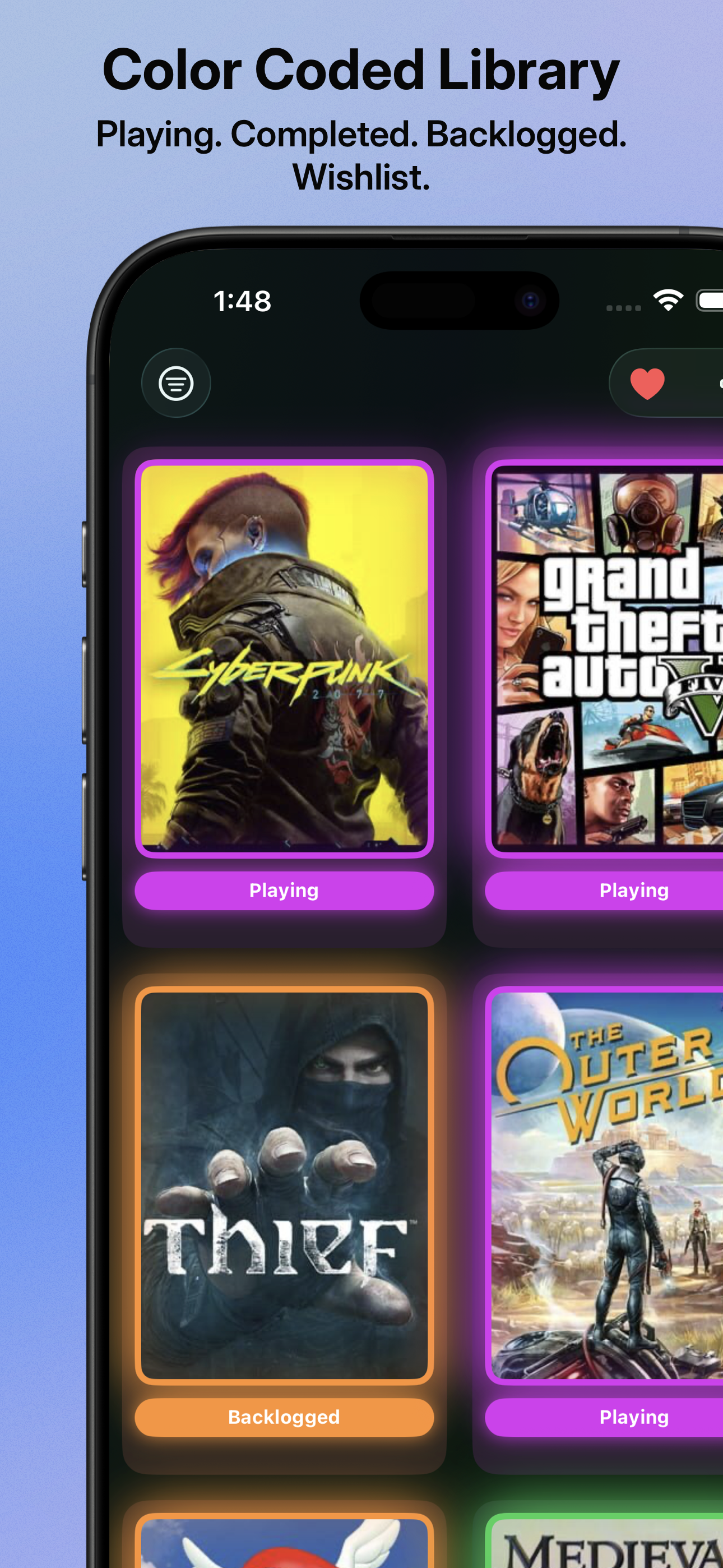 Color-coded game library with glow effects