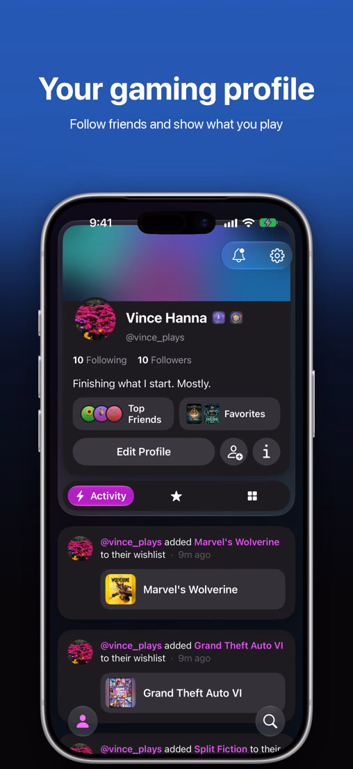 Profile: follow friends and show what you play