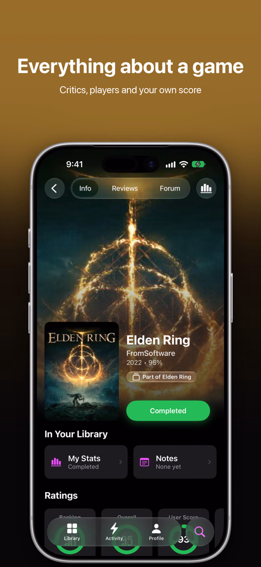 Game page: critic, player and your own score for Elden Ring